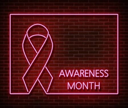 Neon breast cancer awareness signs vector isolated on brick wall. Pink ribbon light symbol, led effect. Neon illustrationのイラスト素材