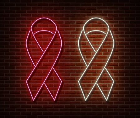 Neon breast cancer awareness signs vector isolated on brick wall. Pink ribbon light symbol, led effect. Neon illustrationのイラスト素材