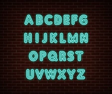 Neon alphabet type font vector isolated on brick wall. ABC typography letters light symbol, decoration text effect. Neon alphabet font illustrationのイラスト素材
