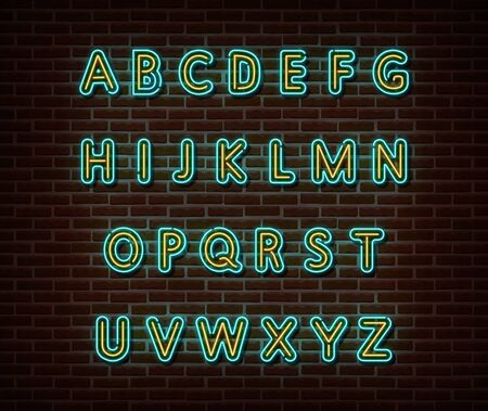 Neon alphabet type font vector isolated on brick wall. ABC typography letters light symbol, decoration text effect. Neon alphabet font illustrationのイラスト素材