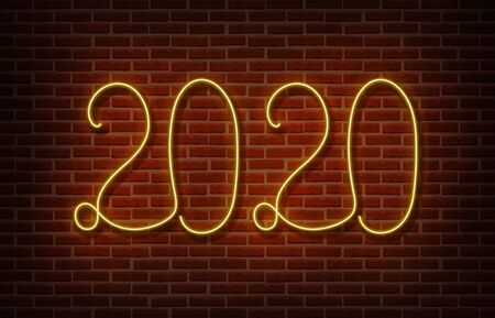 Neon 2020 new year signs vector isolated on brick wall. New year party light symbol, text decoration effect. Neon 2020 illustrationのイラスト素材