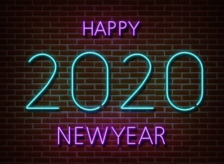 Neon 2020 new year signs vector isolated on brick wall. New year party light symbol, text decoration...