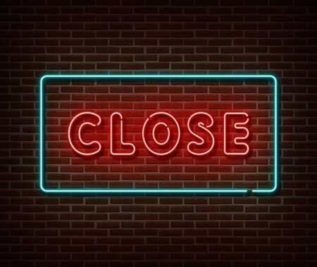 Neon closed sign vector isolated on brick wall. Close bar banner light symbol, decoration effect. Neon illustration.のイラスト素材