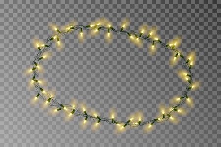 Christmas lights oval border vector, light string frame isolated on background with copy space. Transparent decorative garland.のイラスト素材