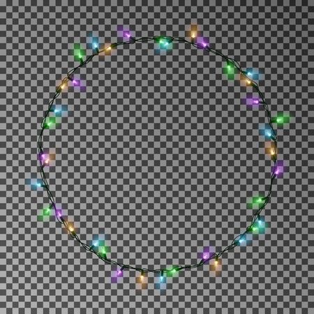 Christmas color lights circle. Garland wreath decorations. Glowing string for Xmas Holiday. Vector illustration.のイラスト素材
