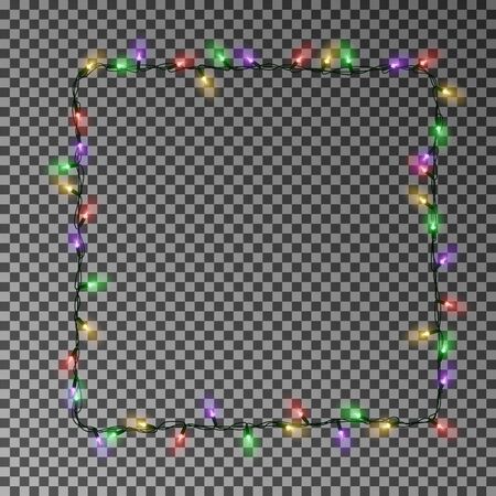 Christmas lights square vector, light frame isolated. Xmas light border effect.のイラスト素材