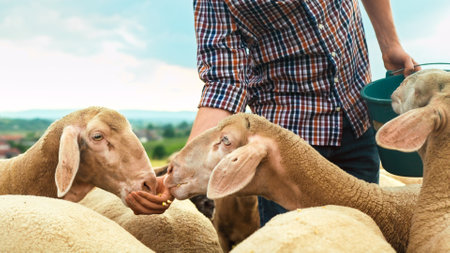 Close up of male Caucasian farmer with bucket feeding herd of sheep in field. Outside. Man shepherd...