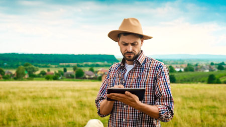 Caucasian handsome man in hat standing in grassland and using tablet device. Outdoor. Good-looking young male farmer tapping and scrolling on computer in hands. Gadget for farming.の写真素材
