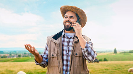 Caucasian handsome man in hat standing in grassland and talking on cellphone. Outside. Good-looking young male shepherd speaking and chatting on mobile phone. Sheep grazing. Countryside concept.の写真素材