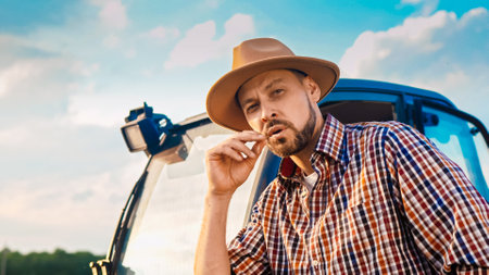 Portrait of Caucasian handsome young man farmer smiling anhd having rest.の写真素材