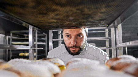 Close up of Caucasian handsome male baker in hat looking and smelling just-baked bread. Bakery business concept. Man working in bakehouse and checking baguettes or rolls. Pastry. Work in food selling.の写真素材