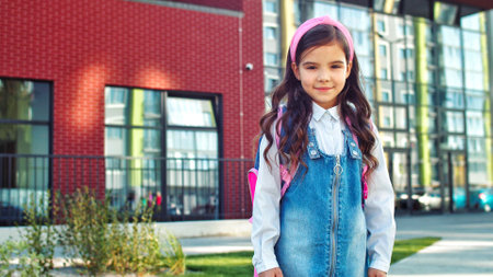 Portrait of happy cute beautiful little school girl in pink hairband smiling while standing on school yard. Pretty nice child in good mood outdoors. Female junior student. Education conceptの写真素材