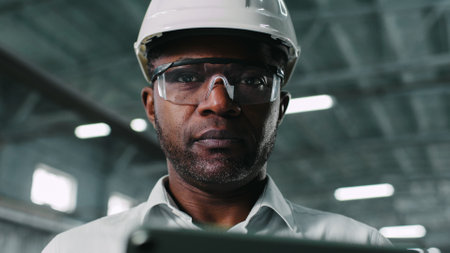 Portrait of middle-aged elegant beautiful African-American male in white shirt using his tablet technology innovation. Man looking straight into camera. Worker giving serious look.の写真素材