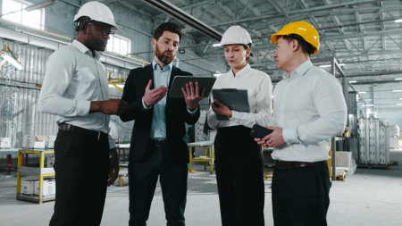 Teamwork at background of working process where welding sparks flying. Multicultural industrial...