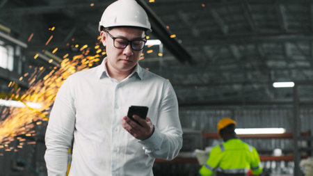 Multicultural industrial worker is walking at workshop. Male builder is holding smartphone. Asian...