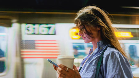 Tourist in new modern big city. Close-up of young pretty woman holding smartphone, chilling, drinking hot tea or coffee from paper cap. Reading social media, mobile smartphone or person texting.の写真素材