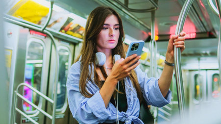Beautiful adult female standing in half empty public transport holding handrail, enjoying traveling. Brunette young woman chatting, texting, using wi-fi internet while traveling in underground train.の写真素材