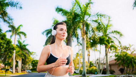 Portrait woman running on street surrounded by palm trees. Living active summer. Female runner doing...