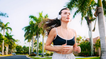 Healthy female runner jogging on city road. Fitness female athlete working out, living active lifestyle, doing cardio, working in activewear. Full body training. Sport, fitness, running concept.の写真素材