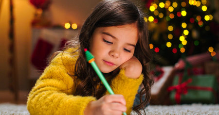 Close up portrait of Caucasian joyful cute little girl laying in decorated room on floor drawing on paper with smile on face. Writing letter to Santa Claus. Winter holidays. Christmas conceptの写真素材
