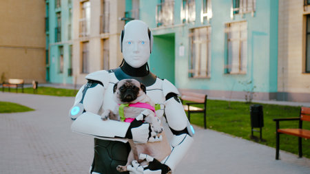 Portrait of humanoid robot with pug dog in hands posing at camera at urban area. Innovative and futuristic service facilitating human labor and helping to take care of lovely pets.の写真素材