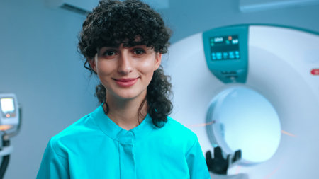 Close up shot of tomography specialist with wide smile. Cheerful doctor smiling at background of MRI capsule. Cabinet for MRI examination. Tomography technician. Magnetic resonance imaging.の写真素材