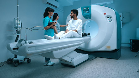 Patient complaint at pain and headache to doctor while sitting on scanner table waiting for X-ray examination of biopsy in modern clinic. Radiologist discussing results of x-ray scan with patient.の写真素材