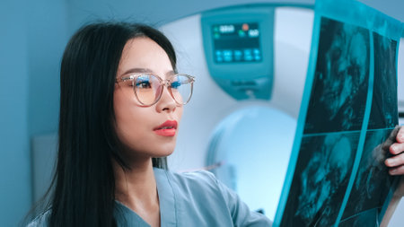 Asian tomography specialist at MRI cabinet. Tomographer holding MRI scan. Doctor attentively looking...