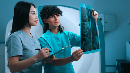 Doctor and nurse working in hospital, discussing results of tomography scanning. Female intern holding digital tablet and looking scans of brain. Medicine, healthcare and technology concept.の写真素材