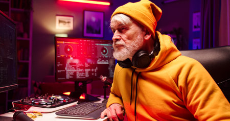 Close up portrait of old bearded face Caucasian male wearing hat with headphones on neck looks at...