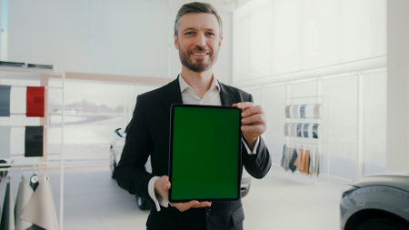 Handsome man in formal suit standing in auto salon and smiling. Happy worker holding tablet device...