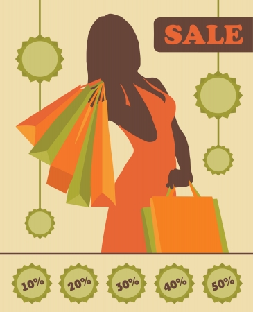 Shopping woman silhouette with sale stickers  Illustration in retro style のイラスト素材