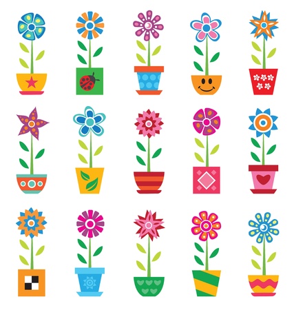 Colorful flowers in pots on white backgroundのイラスト素材
