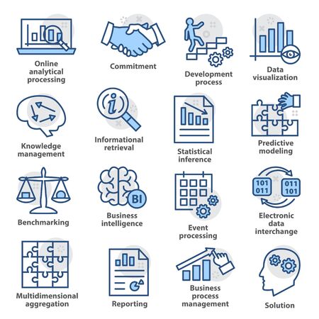 Business management icons in line style on white. Pack 04.のイラスト素材
