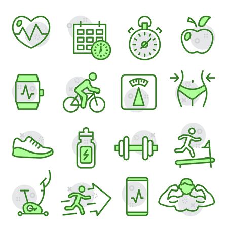Fitness and Gym line icons set on white backgroundのイラスト素材