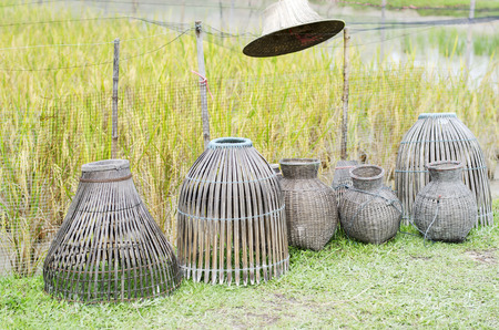 Group of fish bamboo trap in Thai style at the earthen dyke of rice field.の写真素材