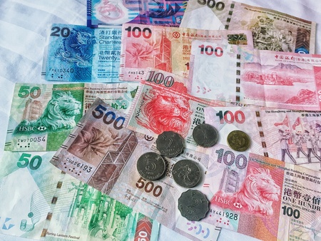 Hongkong dollars cash money mix banknotes and coins, Hong kong HKD currency for financial and business.の素材