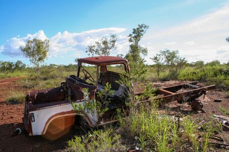 Vintage rusty car wreck in Australian outbackの写真素材