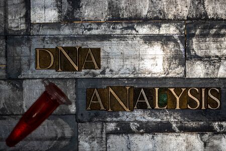 Photo of real authentic typeset letters forming DNA Analysis text with fluid filled laboratory vial on vintage textured grunge silver backgroundの写真素材