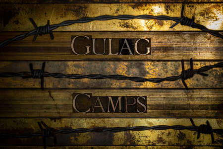 Gulag Camps text formed with real authentic typeset letters on vintage textured silver grunge copper...