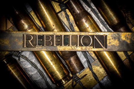Rebellion text over barbed wire on grunge silver with textured copper and gold background
