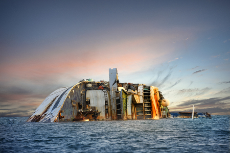 disaster of the passenger vessel capsize and sunk into the sea ocean at sunset