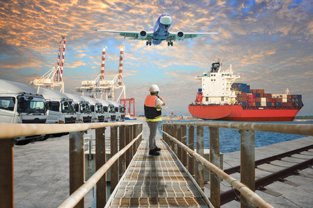logistics transportation services to worldwide global by air cargo, freight sailing, charter voyage, trucking trailers, rail way express including, services swift safe save and door to door conceptのeditorial素材