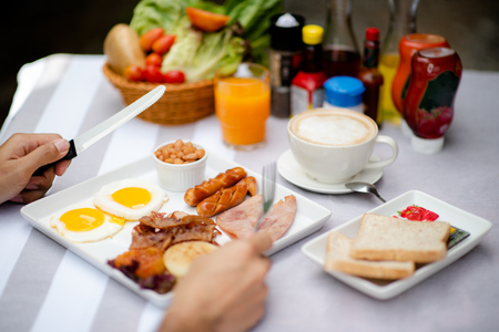 breakfast set prepare on table for morning serving, reday to eatの写真素材