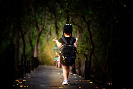 a little girl holding old lamp light walking on the wooden bridge in the rainforest jungle, step out of the darkness of experience life learning, kids field trip learningの写真素材