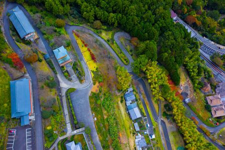 aerial view of road way step to hill mountain at countryside of Japan, uphill road trip in countryside of Japan, traveling In Japanの写真素材