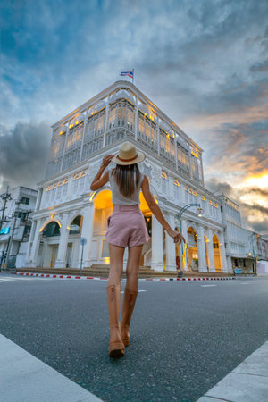 Tourist traveler in city of old town Phuket where most top 1 of tourist place in Thailand, tourist visit place of Thailandの写真素材