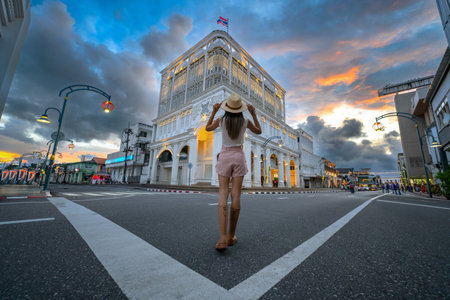 Tourist traveler in city of old town Phuket where most top 1 of tourist place in Thailand, tourist visit place of Thailandの写真素材