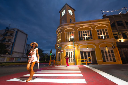 Tourist traveler in city of old town Phuket where most top 1 of tourist place in Thailand, tourist visit place of Thailandの写真素材