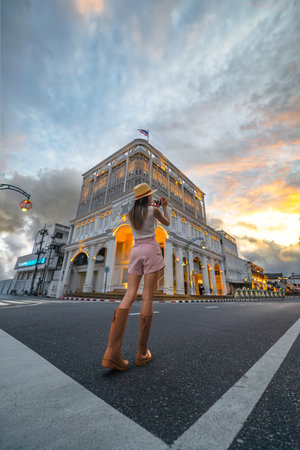 Tourist traveler in city of old town Phuket where most top 1 of tourist place in Thailand, tourist visit place of Thailandの写真素材